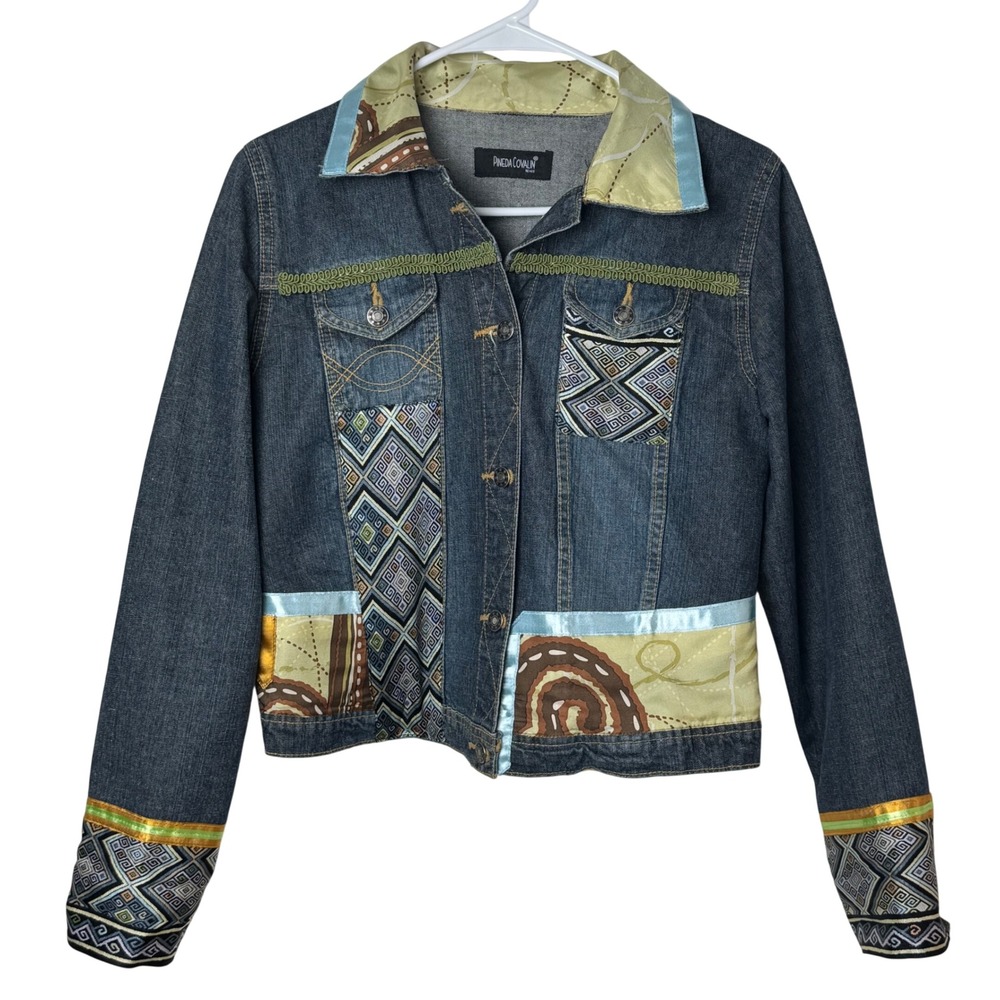 Pineda Covalin Denim Jacket Women S Blue Patchwork Silk Trim Artisan Mexico